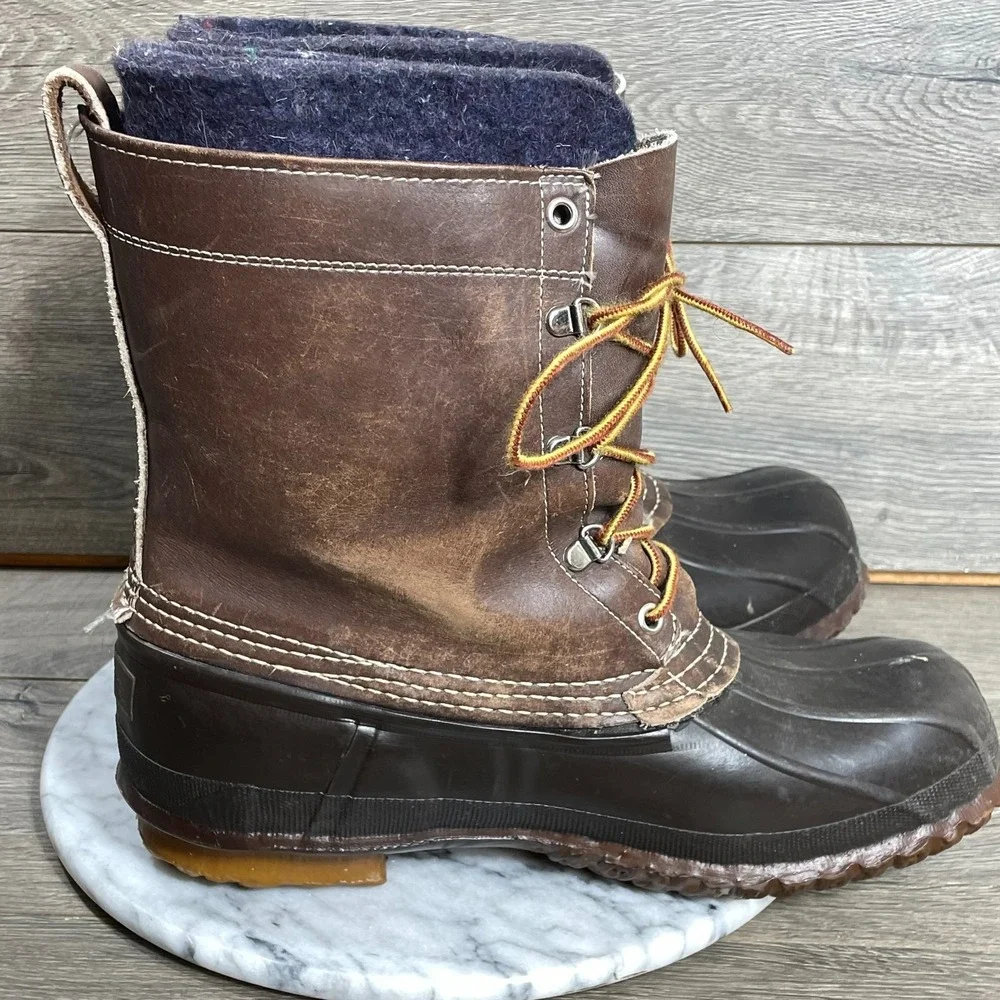 VTG LL Bean Boots Mens 9 Brown Leather Duck Rubber Outdoors Hiking Rain‎ Lined
